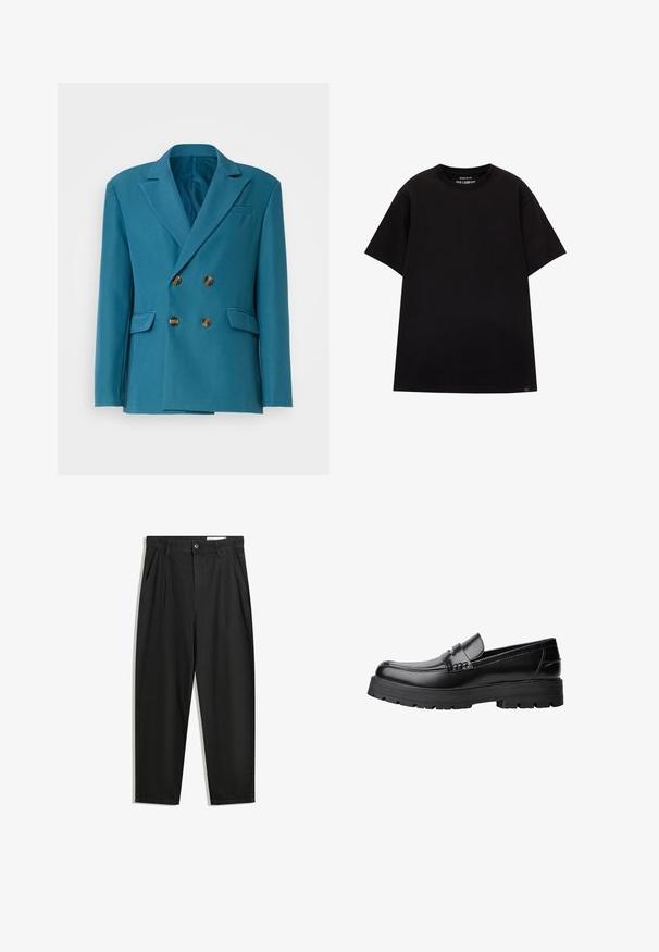 Blazer doppiopetto color verde petrolio realizzato in tessuto liscio, con bottoni dorati, rever con intagli e due tasche laterali.; PULL&BEAR JOIN LIFE - T-shirt basic - black; Pantaloni in cotone neri con una vestibilità rilassata, dotati di una vita classica, pieghe frontali e tasche laterali. Tessuto liscio senza fantasie.; Mocassino in pelle nera con suola spessa e tassellata e fascia decorativa sulla parte superiore, mostrato in profilo sinistro su sfondo bianco.