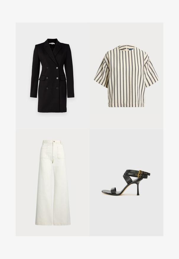 Diane von Furstenberg VIRGINIA JACKET - Blejzr - black; Krátký rukáv, pruhované tričko ve krémové a námořnické barvě, s kulatým výstřihem a širokým střihem z texturovaného materiálu.; Džíny s širokými nohavicemi v off-white denim. Vysoký pas s knoflíkovým zapínáním, dvě přední kapsy a detaily kontrastního šití.; Černé sandály na podpatku s kříženými popruhy a nastavitelnou sponou. Mají hladký povrch a špičatý stiletto podpatek.