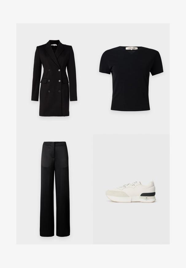 Diane von Furstenberg VIRGINIA JACKET - Bleiser - black; Must t-särk lühikeste varrukatega ja V-kaelusega, valmistatud siledast ja venivast kangast. Omab lihtsat ja klassikalist siluetti, millel puuduvad kaunistused.; Laiad mustad püksid tekstureeritud pinnaga, millel on lame vöökoht ja kaks kül pocketit. Kangas näib kergena ja voolavana.; Valged tennisajad, millel on tekstureeritud sametist varbakatteosa, siledast võrgust pealmine osa, dekoratiivsed nöörid ja musta kummist kontsa aksent.