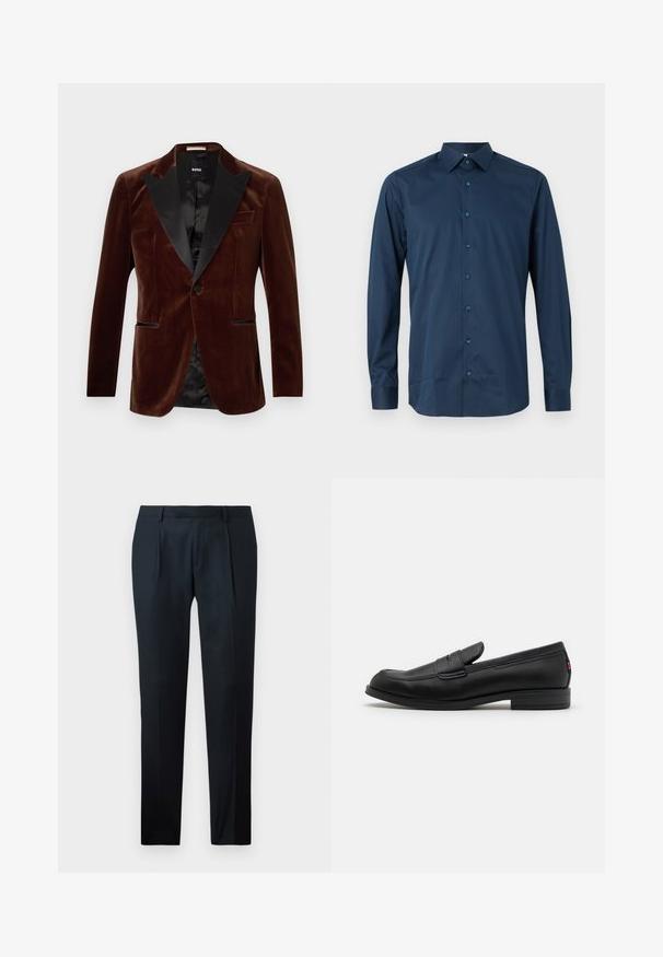 Donkerbruine fluwelen herenblazer met zwarte satijnen piekrevers, enkele knoopsluiting en klepzakken, met het label BOSS op de binnenkraag.; Marineblauwe langarm overhemd met knopen, gemaakt van een gladde stof. Heeft een klassieke kraag, een voorflap met bijpassende knopen en manchetten met knopen.; Zwarte geklede broek van gladde stof, met een slim fit ontwerp, twee plooien aan de voorkant en een vlakke tailleband zonder zichtbare beslag.; Zwarte leren instappers met een gladde afwerking, ronde neus en een kleine decoratieve flap. Heeft een lage gestapelde hak en een subtiel merkteken.