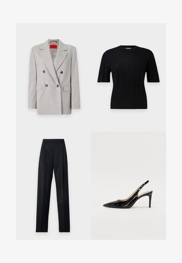 Vaaleanharmaa kaksirivinen bleiseri, joka on valmistettu rakenteellisesta kankaasta. Siinä on sahalaitainen kaulus, kaksi etutaskua ja mustat napit.; Filippa K BRAID - Neule - black; Musta housut, jotka on valmistettu sileästä kankaasta ja joissa on korkea vyötärö, leveät lahkeet, etukaarteet ja klassiset vyölenkit. Ei näkyviä sivutaskuja.; Musta lakattu nahkainen slingback-korkokenkä, jossa on terävä kärki, kapea korko ja hillitty leikkaussuunnittelu. Varressa on kultainen solki.