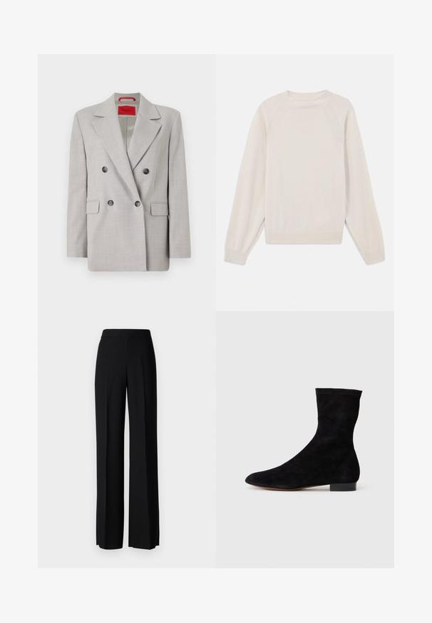Sacou dublu gri deschis, confecționat dintr-un material texturat, cu guler cu fante, două buzunare frontale și nasturi negri.; Pulover bej dintr-un material moale, tricotat. Dispune de guler rotund, mâneci lungi și cusături ribbate la mansete și la tiv, cu un design al mânecilor tip raglan.; Pantaloni negri cu picioare largi, cu o textură netedă, având o talie înaltă și pliseuri centrale. Fără modele vizibile sau detalii de hardware.; Cizme scurte din suede negre, cu un știft ajustat, vârful ascuțit și un toc mic, pătrat. Textură netedă și design minimalist, potrivite pentru un stil versatil.