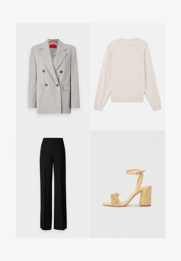 Svijetlo sivi dvoredni blejzer izrađen od teksturiranog materijala, s rever kragnom, dva prednja džepa i crnim dugmadi.; Svetlo smetanast pulover iz mehkega pletenega blaga. Ima okroglo ovratnik, dolge rokave ter rebraste manšete in rob, z raglan rokavi.; Črne široke hlače z gladko teksturo, z visokim pasom in središnjimi pregibi. Brez vidnih vzorcev ali kovinskih detajlov.; Beige sandala na visokom potplatu s pletenom teksturom, s dekorativnim cvijetom i remenom oko gležnja. Kvadratna peta osigurava stabilnost.