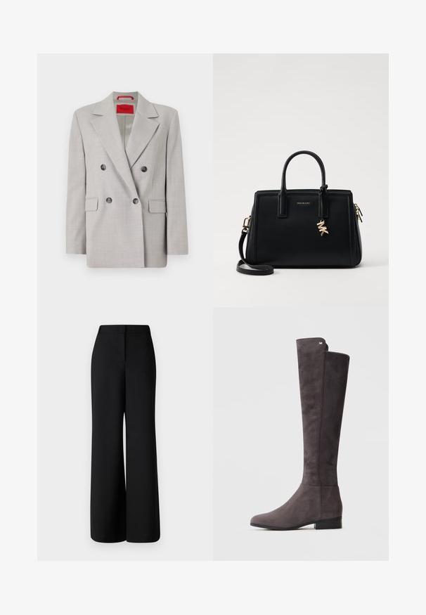 Heledhalli kaherealine pükste bleyzer, mis on valmistatud tekstuuritud kangast, millel on notch-krae, kaks eesmist taskut ja mustad nööbid.; Tumedatane nööbiga särk, mis on valmistatud pehmest kangast. Omab kahte rinna taskut, õlavarre epauletti ning pikki varrukaid nööpidega mansettidega.; MAX&Co. BRIVIDO - Püksid - schwarz; Tumehall suède kuni kõrge saapad madala kontsaga ja peene metalllogo ülaossa, heledal taustal.; Musta nahast käekott struktureeritud disainiga, kahekordsete ülemiste käepidemetega, eemaldatav õlavööt, kuldne riistvara ja logotäht aktsent.