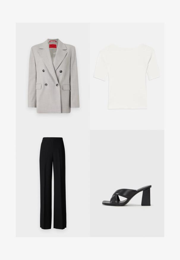 Sacou dublu gri deschis, confecționat dintr-un material texturat, cu guler cu fante, două buzunare frontale și nasturi negri.; Top scurt cu mânecă scurtă, alb, cu decolteu larg. Textura are dungi verticale, evidențiind o potrivire strânsă și un design simplu.; Pantaloni negri cu picioare largi, cu o textură netedă, având o talie înaltă și pliseuri centrale. Fără modele vizibile sau detalii de hardware.; MAX&Co. SOHO - Sandale cu toc - schwarz