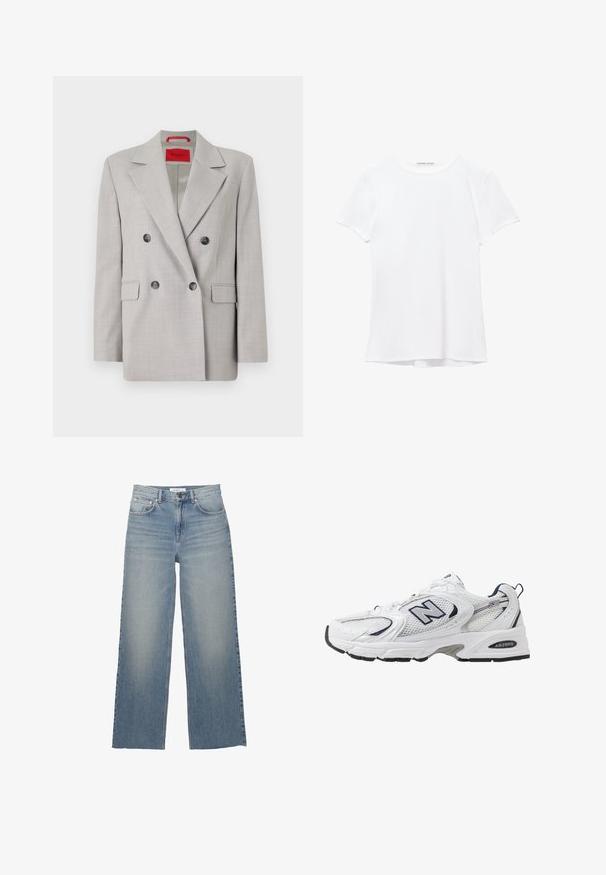 Jasnoszary dwurzędowy żakiet wykonany z teksturowanej tkaniny, z klapami, dwoma przednimi kieszeniami i czarnymi guzikami.; Biały krótki rękaw t-shirt wykonany z gładkiego materiału, z okrągłym dekoltem i subtelnymi detalami szycia na dole.; Jasnoniebieskie jeansy o szerokich nogawkach, wykonane z dżinsu, z wysokim stanem, kieszeniami z przodu i zapięciem na guzik. Gładka tekstura z wyblakłymi miejscami.; Białe sportowe buty z siateczkową cholewką, granatowymi akcentami i wyściełaną podeszwą. Posiadają logo "N", sznurówki oraz teksturowany detal po boku.