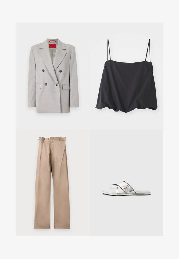 Jasnoszary dwurzędowy żakiet wykonany z teksturowanej tkaniny, z klapami, dwoma przednimi kieszeniami i czarnymi guzikami.; Czarny bezrękawnik z cienkimi ramiączkami, luźny krój i marszczony dół. Wykonany z lekkiego materiału o gładkiej fakturze.; Beżowe spodnie dopasowane z prostą nogawką, posiadające płaski przód, paski na pasek oraz plisy. Wykonane z gładkiego materiału o miękkiej fakturze.; Srebrne klapki z otwartym palcem, o metalicznym wykończeniu, z krzyżującymi się paskami oraz wytłoczonym logo po boku.