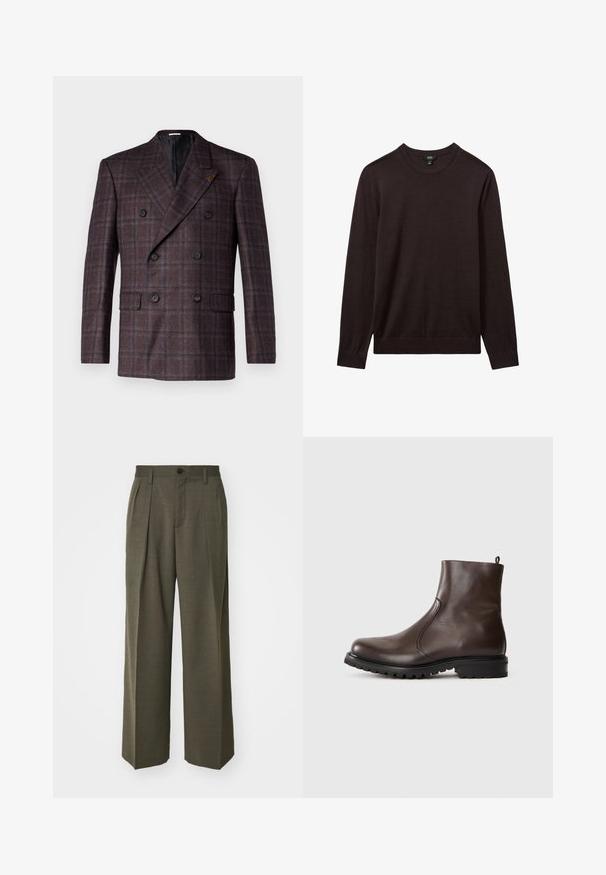 Zapinany na podwójny guzik marynarka w ciemno-brązowej kratę. Posiada dwie przednie kieszenie oraz czarne guziki. Wykończenie z podszewką z klapami.; Reiss - Sweter; Filippa K - Spodnie materiałowe; Brązowe skórzane botki za kostkę o gładkiej powierzchni, z elastycznymi bocznymi panelami, pętelką z tyłu oraz wytrzymałą gumową podeszwą.