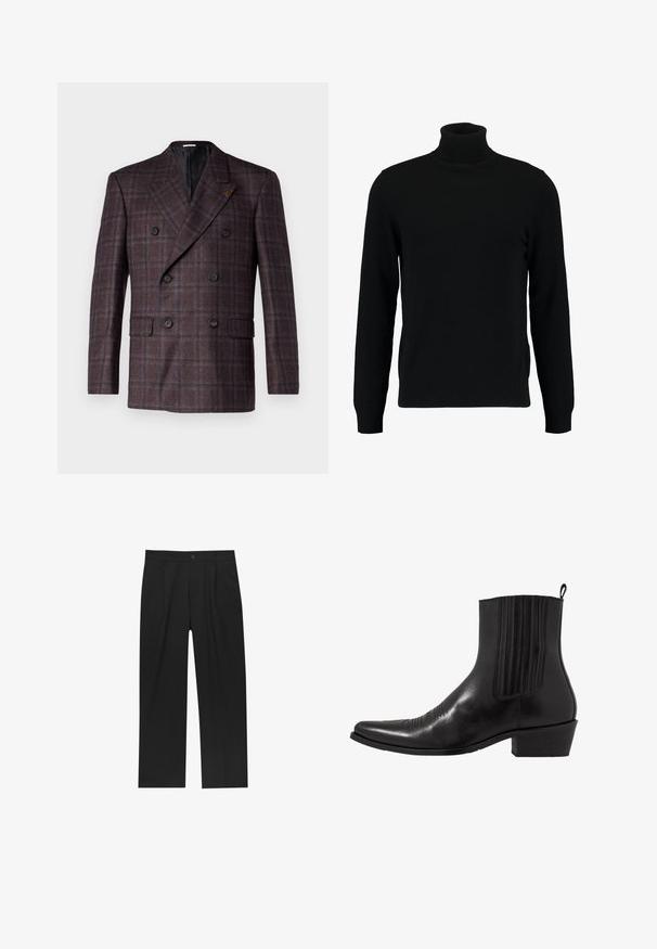Double-breasted blazer in donkerbruin geruit stof. Heeft twee voorzakken en zwarte knopen. Gevoerde binnenkant met een gekartelde revers.; Zwarte coltrui gemaakt van een zacht breimateriaal. Heeft lange mouwen, een geribbelde kraag en zoom. Eenvoudig, strak ontwerp zonder patronen.; Zwarte broeken met een recht model, gemaakt van een gladde stof. Voorzien van een voorplooien en een enkele knoopsluiting bij de taille.; Zwarte leren enkellaarzen met een spitse neus, elastische zijpanele, verticale stiksels en een lage blokhak.