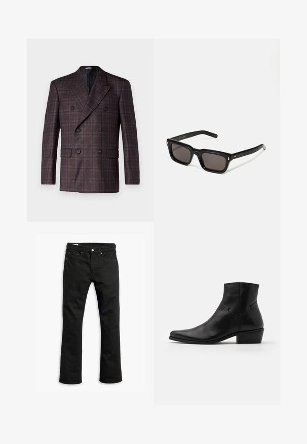 Dvojnastopni blazer iz temno rjave kariraste tkanine. Ima dve sprednji žepu in črne gumbe. Podloga notranjosti z naklonjenim ovratnikom.; Bež pulover z dolgimi rokavi in okroglo ovratnikom, izdelan iz mehkega materiala, z rebrastimi manšetami in robom, z gladko teksturo in minimalističnim oblikovanjem.; Črne kavbojke iz denima s ravno nogavico, petimi žepi, kovinskim gumbom za zapiranje in diskretnimi šivi. Gladka tekstura in enotna barva.; Črne usnjene gležnjarje s koničastim nosom, minimalnimi šivi, srednjo blok peto in gladko, sijočo obdelavo.; Črne pravokotne sončna očala s temnimi lečami, debelim plastičnim okvirjem, zlatimi detajli na templjih in izgravirano blagovno znamko na ročaju.