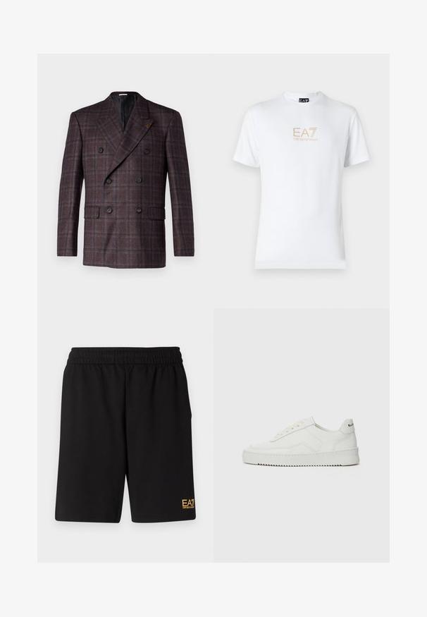 Dvojřadý blejzr z tmavě hnědé kostkované látky. Má dvě přední kapsy a černé knoflíky. Podšitý interiér s klopou.; Bílé bavlněné tričko s kulatým výstřihem a krátkým rukávem, na přední straně s potiskem zlatého loga EA7 Emporio Armani.; Černé sportovní šortky vyrobené z měkké látky, s elastickým pasem a malým žlutým logem EA7 na dolní části levé nohy.; Bílé kožené tenisky s hladkým povrchem, kulatou špičkou, plochými tkaničkami a texturovanou podrážkou. Na patě se nachází nenápadné logo.