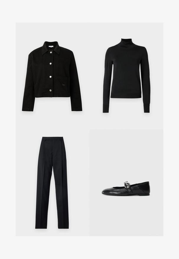 Czarna krótka kurtka z kołnierzem, długimi rękawami, srebrnymi zatrzaskami z przodu oraz kwadratową kieszenią w dolnej prawej części.; Czarny sweter z długim rękawem i stojącym kołnierzem, z prążkowanymi mankietami i dołem, zaprezentowany na białym tle.; Czarne spodnie wykonane z gładkiego materiału, z wysokim stanem, szerokimi nogawkami, fałdami z przodu i klasycznymi szlufkami na pasek. Brak widocznych kieszeni bocznych.; Czarne skórzane baletki z wąskim noskiem, z paskiem z okrągłą metalową klamrą i płaską podeszwą.