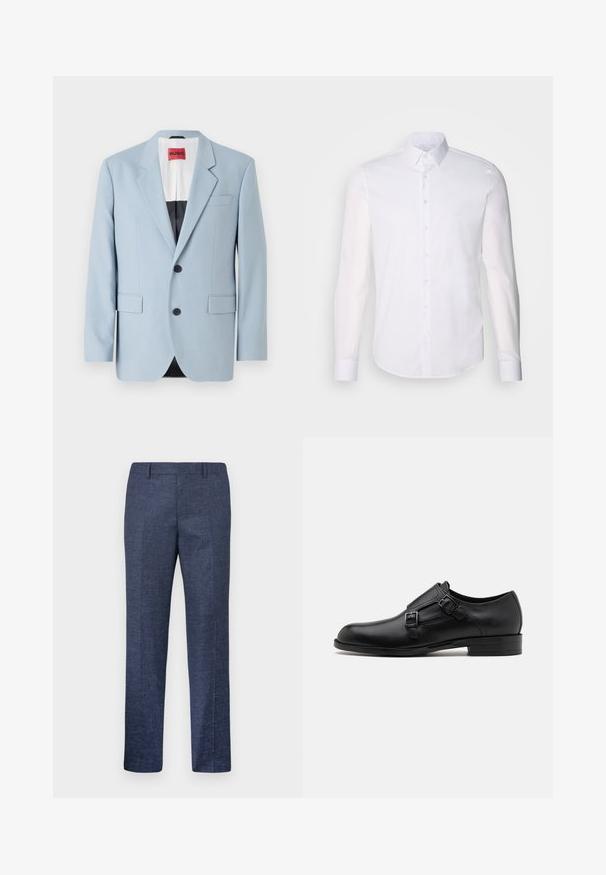 Blazer azzurro chiaro, monopetto, due bottoni, rever a dischi, tasche frontali, interno con fodera nera, texture del tessuto liscia.; Camicia bianca a maniche lunghe con bottoni realizzata in cotone, caratterizzata da un colletto classico, bottoni frontali e dettagli di cucitura minimal.; Pantaloni blu navy realizzati in un tessuto texturizzato, con gamba dritta, davanti piatto e due tasche laterali. Nessun motivo o dettaglio visibile.; Scarpa da uomo in vera pelle nera con doppie fibbie, silhouette elegante e punta tonda. Presenta un tacco basso e una texture liscia.