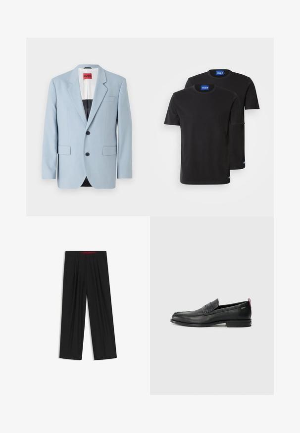 Blazer azzurro chiaro, monopetto, due bottoni, rever a dischi, tasche frontali, interno con fodera nera, texture del tessuto liscia.; Due magliette di cotone nere con scollatura rotonda, maniche corte e etichette blu "HUGO" sui colli e sui bordi laterali.; Pantaloni neri a gamba larga con fronte piatto, due tasche laterali, design plissettato e un elastico in vita di colore rosso a contrasto.; Mocassini in pelle nera con un pannello anteriore testurizzato e lati lisci. Presentano un tacco sottile e un anello sul retro per una vestibilità facile. Design classico.