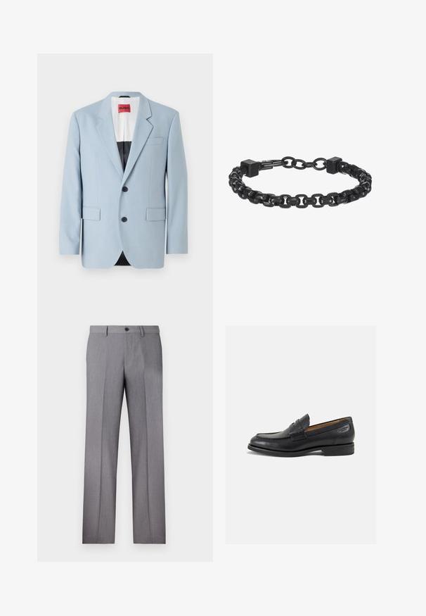 Hellblaues Sakko, einreihig, mit zwei Knöpfen, Reverskragen, Vordertaschen, Innenfutter mit schwarzer Biesen, glatte Stofftextur.; Weißes T-Shirt mit kurzen Ärmeln, lockere Passform, runder Ausschnitt, glattes Baumwollmaterial, ungeschmückter Rücken, gerader Saum, keine Muster oder Akzente.; Graue maßgeschneiderte Hose mit flachem Vorderteil, zwei Seitentaschen und einem einzigen Knopfverschluss. Glatte Textur mit dezentem Nadelstreifenmuster.; Schwarze Leder Slipper mit glatter Oberfläche, runder Spitze und dekorativer Naht auf dem Vorderblatt. Niedriger Blockabsatz und leichter Glanz.; Schwarzes Metallkettarmband mit ineinandergreifenden Gliedern, quadratischen Akzenten und einer glatten Textur. Verstellbares Design für eine optimale Passform.
