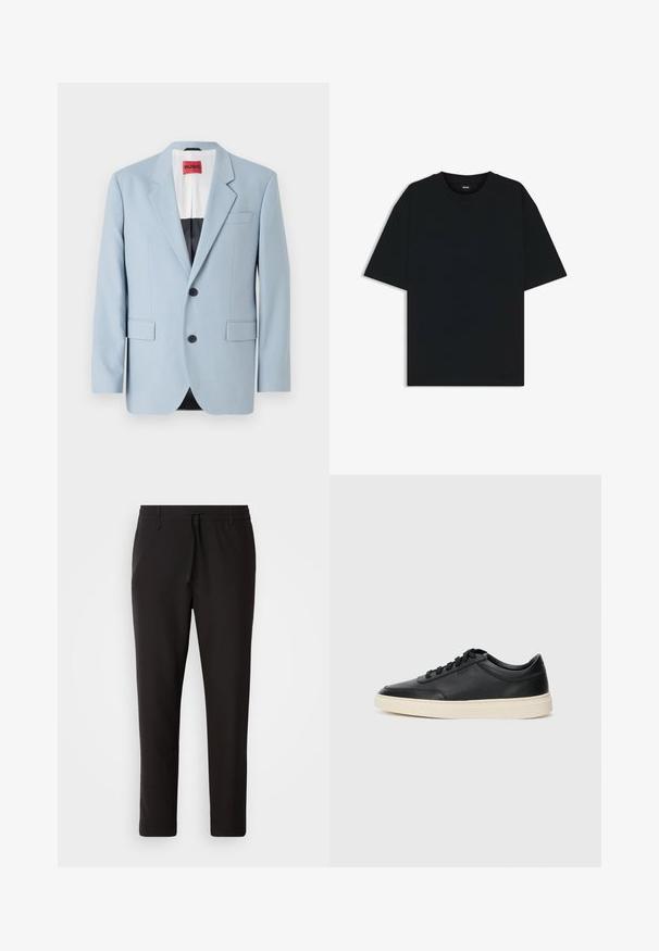 Light blue blazer, single-breasted, two buttons, notch lapels, front pockets, interior with black lining, smooth fabric texture.; Black cotton t-shirt with a round neckline and short sleeves. Features a loose fit and a simple design without patterns or accents.; Black jogger pants made of smooth fabric. Feature an elastic waistband with a drawstring, tapered legs, and no visible pockets. Simple design.; Black low-top leather sneaker with black laces and off-white sole shown in side profile on white background.