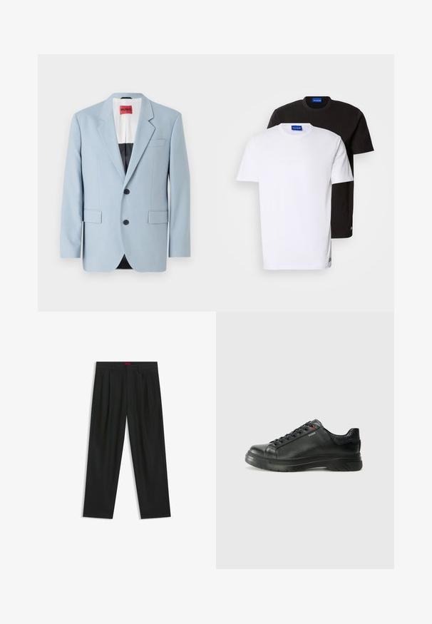 Light blue blazer, single-breasted, two buttons, notch lapels, front pockets, interior with black lining, smooth fabric texture.; Two T-shirts stacked: one white and one black. Short sleeves, round necklines, cotton fabric. Features a small blue logo at the neckline.; Black trousers with a pleated design, wide leg shape, and a smooth texture. Features a red waistband tag.; Black leather sneaker with textured upper, padded collar, and red logo detail. Features a thick rubber sole with distinct tread pattern.