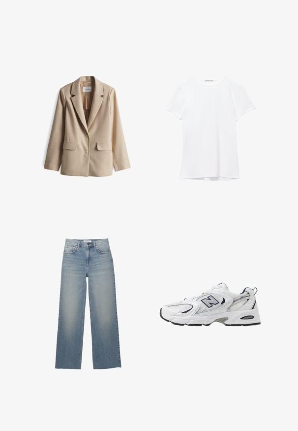 Blazer beige con colletto strutturato, due tasche frontali e due bottoni. Tessuto liscio e design su misura per un aspetto aderente.; T-shirt bianco a maniche corte realizzato in tessuto liscio, caratterizzato da un colletto rotondo e dettagli di cucitura discreti all'orlo.; Jeans a gamba larga di un azzurro chiaro, realizzati in denim, con vita alta, tasche frontali e chiusura con bottone. Texture liscia con zone sbiadite.; Scarpa sportiva bianca con tomaia in mesh, dettagli in blu marino e suola imbottita. Presenta il logo "N", lacci e dettaglio texturizzato sul lato.