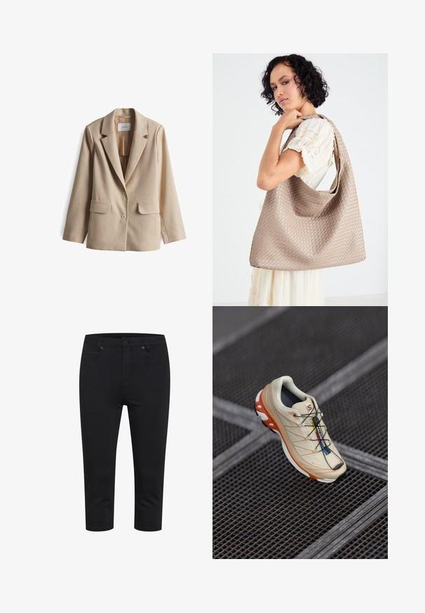 Beige blazer with a structured collar, two front pockets, and two buttons. Smooth texture and tailored design for a fitted appearance.; Black bustier with adjustable spaghetti straps, featuring a textured leopard print pattern and structured paneled design.; Black cropped slim-fit pants with front button, zipper closure, and front and back pockets, displayed on white background.; Beige running shoe with orange accents, designed with a textured upper, black outsole, and integrated laces. Features GORE-TEX branding.; Woven beige tote bag with a slouchy design and a single shoulder strap. Features a textured pattern throughout the surface.; Gold rectangular wristwatch with a textured light green dial, two black hour markers, a gold metal bracelet, and a minimalist design.