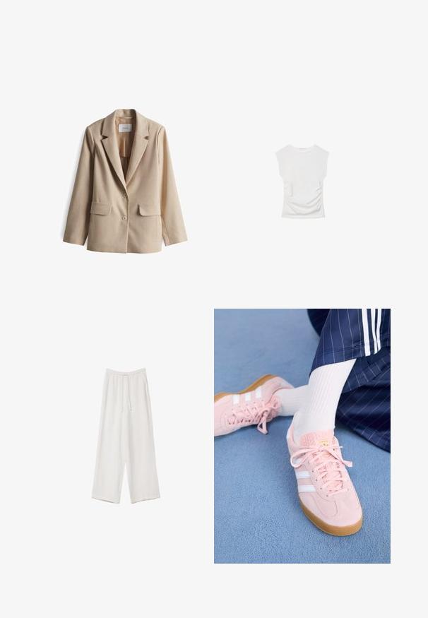Blazer beige avec un col structuré, deux poches avant et deux boutons. Texture lisse et design ajusté pour une apparence cintrée.; Haut blanc à manches courtes avec un col rond. Doté d'une texture froncée sur les côtés et d'une silhouette ajustée, fabriqué à partir d'un matériau doux et extensible.; Pantalons larges blancs en tissu léger. Dotés d'une taille élastique avec cordon de serrage et de poches latérales. Texture lisse.; Des sneakers en daim rose clair avec des rayures et des lacets blancs, dotés d'une languette texturée et d'une semelle en gomme, posées sur un tapis bleu.