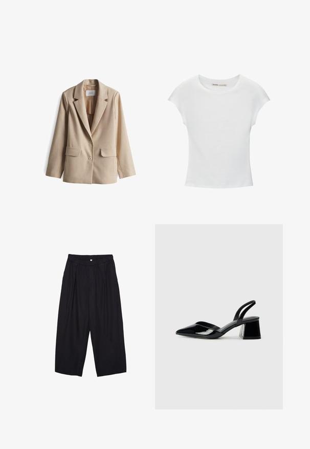 Beige blazer met een gestructureerde kraag, twee voorzakken en twee knopen. Gladde textuur en op maat gemaakte ontwerp voor een getailleerde uitstraling.; Witte katoenen T-shirt met korte, opgerolde mouwen, een ronde halslijn en een rechte zoom. Gladde textuur zonder zichtbare patronen of accenten.; Zwarte polyester culottes met een elastische tailleband, twee voorkreukels en een losse pasvorm. Geen zichtbare patronen of hardware-details.; Zwarte gepatineerde leren slingback hakken met een spitse neus en een geometrische blokhak. Kenmerkt zich door een slank, minimalistisch ontwerp en een gladde textuur.