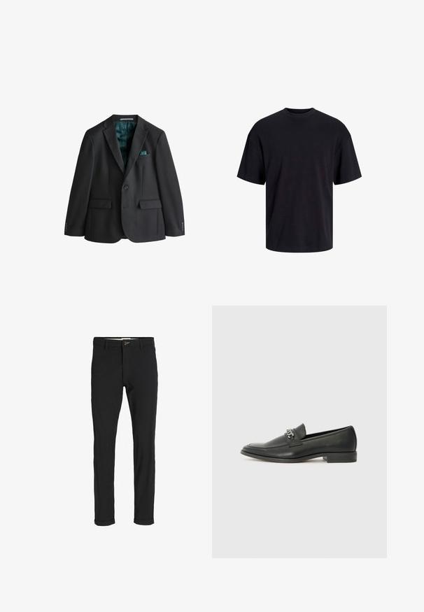 Blazer noir en tissu lisse, doté d'un col à revers cranté, de deux poches avant, d'une poche poitrine avec un mouchoir de poche turquoise et d'une doublure turquoise.; T-shirt en coton noir avec un col ras du cou, des manches courtes et une coupe décontractée. Texture lisse sans motifs ni accents visibles.; Pantalons noirs en mélange de coton avec une coupe slim, dotés d'une fermeture à bouton, de poches et de revers pour une finition décontractée.; Mocassin en cuir noir avec une finition lisse, présentant un design cousu et une accent décoratif en chaîne métallique sur le rand. Talon plat.