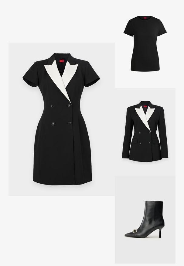 Blazer nero con davanti doppiopetto, risvolto bianco, due tasche frontali e bottoni neri. Realizzato in tessuto strutturato.; Abito nero doppiopetto con maniche corte, revers a scialle bianco e bottoni neri. Vestibilità su misura con un design strutturato.; T-shirt in cotone nero con maniche corte arrotolate, scollatura rotonda e etichetta rossa. Texture liscia, forma aderente con dettagli minimi.; Stivale alla caviglia in pelle nera con punta affusolata, tacco sottile di media altezza e dettaglio in fibbia argentata sul lato, su sfondo semplice.