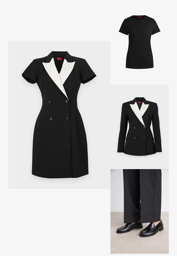 Zwarte blazer met een dubbelgebroken voorkant, witte sjawlrevers, twee voorzakken en zwarte knopen. Gemaakt van een gestructureerde stof.; Zwart dubbelgeknoopt jurkje met korte mouwen, witte schouderflappen en zwarte knopen. Gepassende pasvorm met een gestructureerd ontwerp.; Zwart katoenen T-shirt met korte opgerolde mouwen, een ronde halslijn en een rood label. Glad textuur, aansluitende pasvorm met minimale details.; Zwarte leren instappers met een gladde afwerking, gestikte details rond de teen en een lage rubberen zool. Gepaard met brede zwarte broeken.