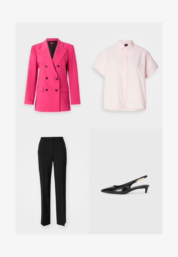 Blazer rosa de duplo botão feito de tecido texturizado. Apresenta botões pretos, lapelas recortadas e dois bolsos frontais. Interior é preto.; Camisa de botão de manga curta rosa claro, feita de algodão. Apresenta um colarinho clássico, botões frontais e uma bainha curva. Textura suave.; Calças pretas de corte ajustado com um design de perna reta, apresentando uma textura lisa e pregas bem definidas na frente. Sem hardware visível.; Saltos slingback em couro preto com bico fino, apresentando um salto esguio e um detalhe em tom dourado na alça ajustável. Textura suave.