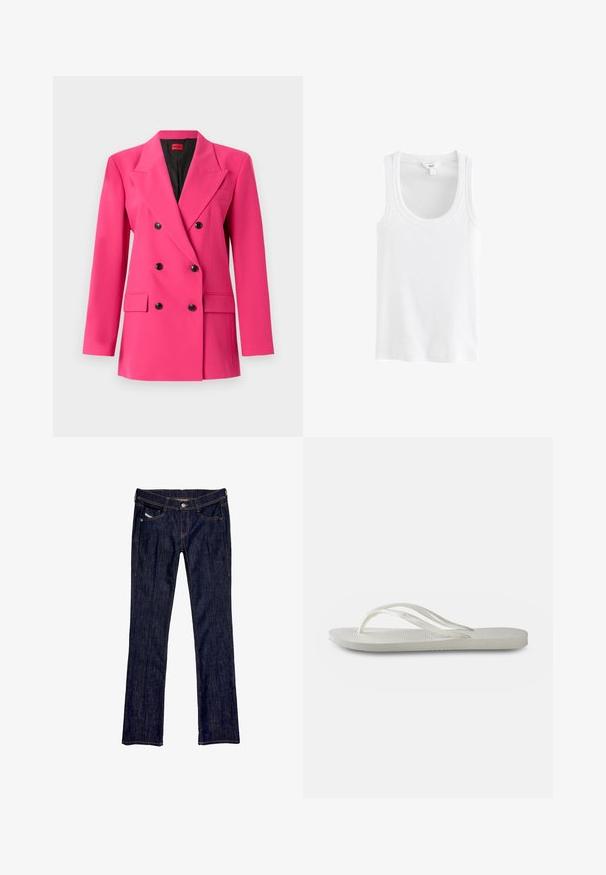 Doppelreihiger pinkfarbener Blazer aus strukturiertem Stoff. Besitzt schwarze Knöpfe, einen abgesetzten Reverskragen und zwei Fronttaschen. Das Innenfutter ist schwarz.; Weißes Tanktop aus geripptem Baumwollstoff, mit einem Rundhalsausschnitt und breiten Trägern, ohne sichtbare Muster oder Akzente.; Dunkelblaue Denim-Jeans mit geradem Bein, ausgestattet mit einer vorderen Knopfverschluss, fünf Taschen und sichtbaren Nähten entlang der Nähte.; Weiße Flip-Flops mit einer strukturierten Sohle, dünnen Riemen und einem flachen Design. Hergestellt aus Gummi mit einem dezenten Logo auf der Fußsohle.