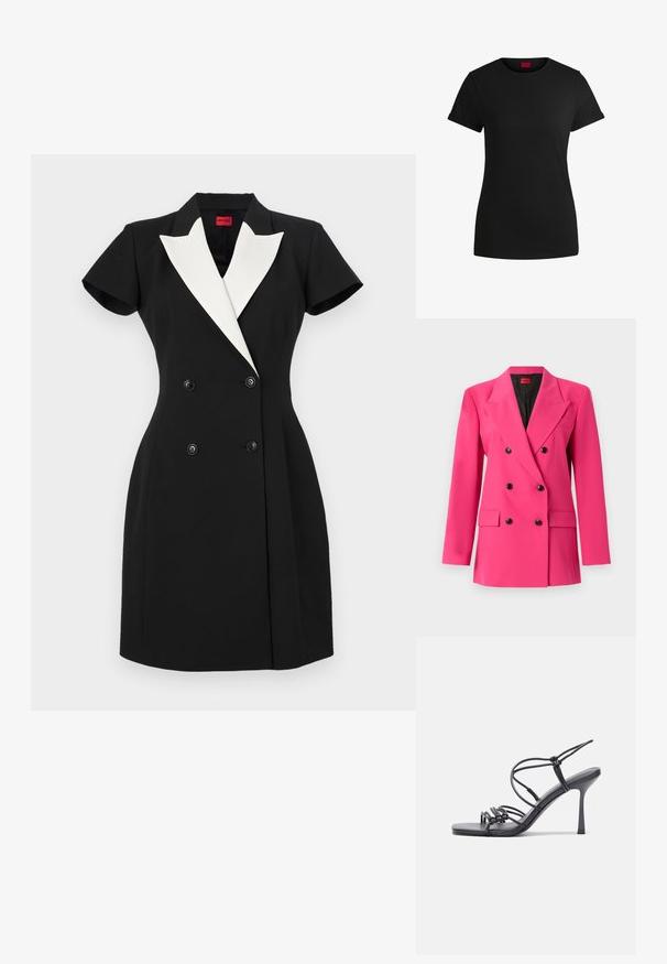 Dvoslojni roza blejzer iz teksturirane tkanine. Ima črne gumbe, zarezane reverje in dve sprednji žepi. Notranjost je črna.; Črna bombažna majica s kratkimi zavihanimi rokavi, okroglo izrezom in rdečo oznako. Gladka tekstura, prilegan kroj z minimalnimi detajli.; Črni dvoredni plašč z kratkimi rokavi, belimi šalom in črnimi gumbi. Prilagojen kroj z oblikovano zasnovo.; Črne visoke sandale na peto imajo tanke naramnice z vozlom, gladek kvadratni toe in eleganten stiletto peto.
