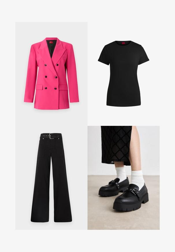 Dvojité ružové sako vyrobené z textúrovanej tkaniny. Obsahuje čierne gombíky, klopové golieriky a dve predné vrecká. Interiér je čierny.; Čierne bavlnené tričko s krátkymi rolovanými rukávmi, okrúhlym výstrihom a červenou nášivkou. Hladká textúra, priliehavý strih s minimálnymi detailmi.; Čierne nohavice so širokými nohavicami vyrobené z bavlny, s vysokým pásom, veľkými bočnými vreckami a opaskom s prackou so striebornými detailmi.; Čierne platformové loafers s hladkým koženým povrchom, zdobené detailom s prackou a nitmi, skombinované s bielymi rebrovanými ponožkami.