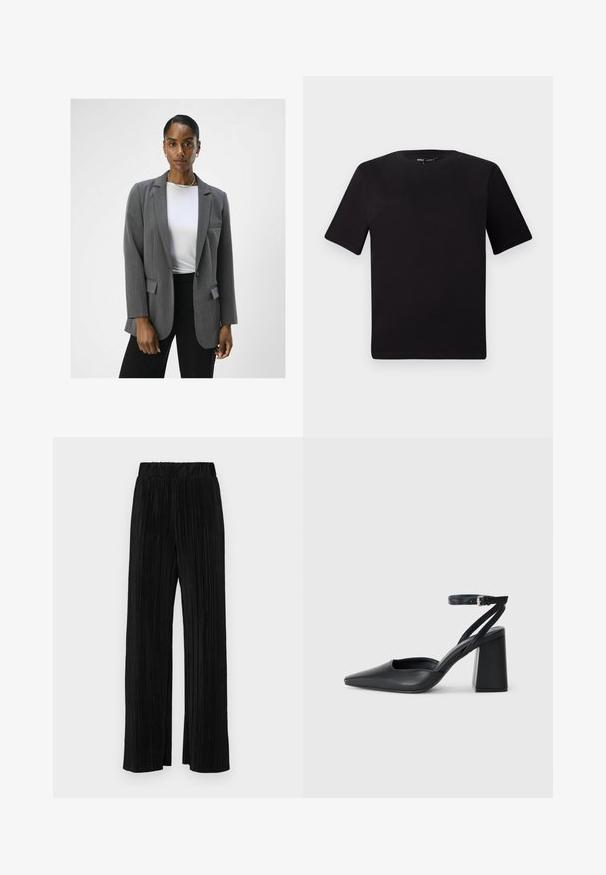 Grauer maßgeschneiderter Blazer mit Reverskragen, einreihiger Knopfverschluss und zwei vorderen Taschen. Kombiniert mit einem weißen Oberteil und schwarzen Hosen.; Schwarzes T-Shirt mit kurzen Ärmeln und Rundhalsausschnitt, aus weichem Baumwollmaterial gefertigt. Schlichtes Design, keine sichtbaren Logos oder Muster.; Schwarze plissierte Hose mit elastischem Bund. Verfügt über weite Hosenbeine und einen glatten, strukturierten Stoff mit vertikalen Streifen.; Schwarze Leder-Pumps mit spitzer Zehe, einem Knöchelriemen und einem blockigen Absatz. Flache Textur, elegantes Design und minimalistische Ästhetik.