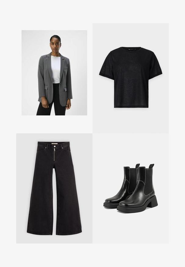 Gray tailored blazer with notch lapels, single button closure, and two front pockets. Paired with a white top and black trousers.; Black short-sleeve t-shirt with a relaxed fit, featuring a smooth texture and a crew neckline. Lightweight fabric with a subtle sheen.; Wide-leg jeans in black denim with a zippered front, five-pocket design, and subtle stitching details. Smooth texture and casual style.; Black leather Chelsea boots with a chunky heel, elastic side panels, and contrasting white stitching. Textured finish.