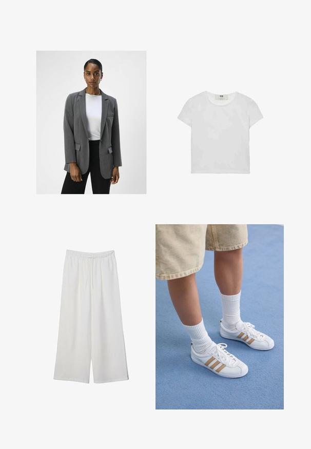 Grauer maßgeschneiderter Blazer mit Reverskragen, einreihiger Knopfverschluss und zwei vorderen Taschen. Kombiniert mit einem weißen Oberteil und schwarzen Hosen.; Weißes T-Shirt mit kurzen Ärmeln und Rundhalsausschnitt, aus weicher Baumwolle gefertigt, mit einem schlichten, sauberen Design ohne sichtbare Muster oder Akzente.; Weiße, weit geschnittene Hosen aus leichtem Stoff, mit einem elastischen Bund und einem Zugband für eine verstellbare Passform. Glatte Textur.; Weiße Sneakers mit drei goldenen Streifen, Schnürdesign, Gummisohle, getragen mit gerippten weißen Socken und beigen Shorts auf einer blauen Fläche.