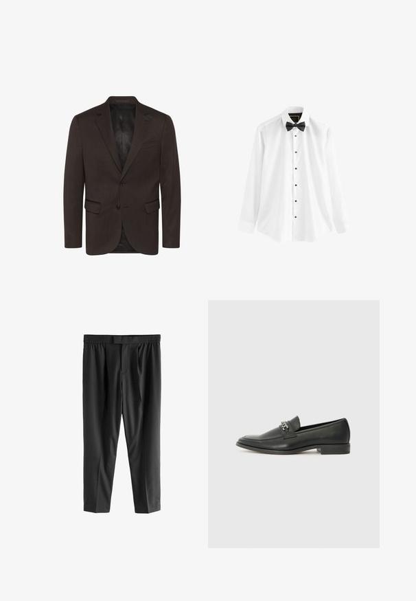 Matinique GEORGE - Anzugsakko - espresso; Weißes Hemd aus Baumwolle mit langen Ärmeln, einer schwarzen Fliege und schwarzen Knöpfen auf der Vorderseite.; Next REGULAR FIT -CHECK SMART - Chino - black; Schwarzer Lederloafer mit glatter Oberfläche, ausgestattet mit einer gesteppten Gestaltung und einem dekorativen Metallkettendetail über dem Vorderblatt. Flacher Absatz.