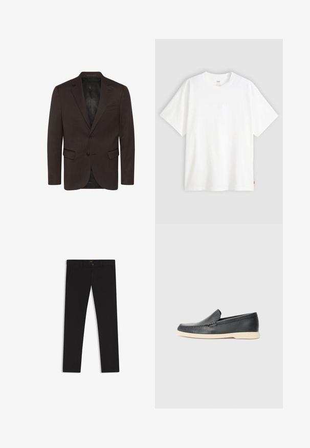 Matinique GEORGE - Chaqueta de traje - espresso; Camiseta blanca de manga corta hecha de algodón con cuello redondo. Presenta un sutil detalle de logo en relieve en la parte delantera y una etiqueta roja en el dobladillo.; Pantalones negros de tela con una textura suave. Cuentan con cierre de botón, trabillas para cinturón y bolsillos laterales. Diseño de pierna recta estándar.; Mocasines de piel negra sin cordones con un acabado texturizado y una suela de goma beige en contraste. Presentan un sutil acento en la parte frontal.
