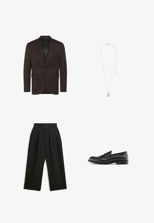 Matinique GEORGE - Anzugsakko - espresso; Schwarzes Langarm-Henley-Shirt aus weichem Stoff, mit knöpfbarer Leiste, rundem Ausschnitt und enganliegenden Ärmeln.; Schwarze Hose mit lockerem Schnitt, mit Falten an der Vorderseite, Seitentaschen und einem Knopfverschluss. Hergestellt aus strukturiertem Stoff.; Schwarzer Leder-Pennyloafer mit niedrigem Absatz, runder Zehenform und gesticktem Detail entlang des Oberleders, seitlich auf einem weißen Hintergrund dargestellt.; Silberne Halskette mit einem rechteckigen Anhänger mit filigranem Design, einer feinen Kette und einem verstellbaren Verschluss zur Längenanpassung.