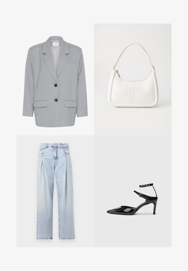 Gestuz PAULIA - Blézer - greyblue melange; Fehér, rövid, bő ujjú, crop szabású póló, puha pamut anyagból, kerek nyakkivágással, finom narancssárga díszítéssel, minimalista dizájn, minta vagy grafika nélkül.; Világoskék farmernadrág magas derekú, bő szabású, két oldalsó zsebbel és pliszírozott dizájnnal. Puha tapintású, elhalványított felület.; Fekete lakkbőr magassarkú cipők hegyes orral, állítható bokapánttal és vékony sarokkal. Simább textúra fényes kivitelben.; Fehér bőrtáska ívelt formájú, elöl feltűnő "CK" logóval, egyetlen vállpánttal. Cipzáras zárás a tetején.
