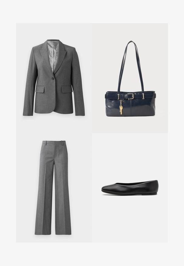 Szary dopasowany żakiet z klapami, z pojedynczym zapięciem na guzik, dwoma przednimi kieszeniami i gładkim, wzorzonym podszewką. Standardowy krój z długimi rękawami.; Prążkowana, kremowa koszulka polo z długimi, rozszerzającymi się rękawami i zapięciem na pięć guzików. Posiada kołnierz o miękkiej fakturze.; Szare spodnie z szerokimi nogawkami wykonane z teksturowanej tkaniny. Posiadają fałdy z przodu, dopasowany pas i eleganckie wykończenie, idealne do formalnych okazji.; Paul Smith TOPANGA czarny; Granatowa skórzana torebka z dwoma długimi uchwytami, detalem w postaci klamry oraz dołączonym breloczkiem. Charakteryzuje się gładką teksturą i prostokątnym kształtem.