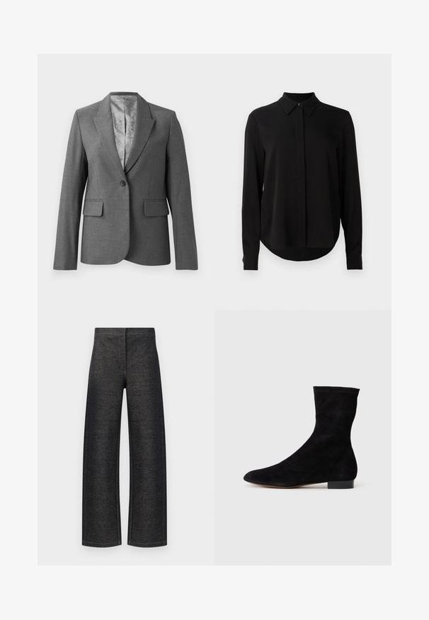 Hall oranž rääts ja V-suuruses taga kaelus, üks nupp sulgemine, kaks esi-taskut ja sileda mustriga vooder. Standardne sobivus koos pikkade varrukatega.; Mustmustärgne, pikkade varrukatega pluus terava kraega, varjatud nööpide ridadega ja kõverate servadega, valge tausta ees.; Laiad püksid mustast denimist. Omavad tekstuurset viimistlust, puhtast vööst ja ilma nähtava riistvarata või taskuteta.; Musthave mustan nahast pahkluu saabas, millel on kitsas vars, terav nina ja madal plokk-konts. Pehme tekstuur ja minimalistlik disain, sobib mitmekesiseks stiliseerimiseks.