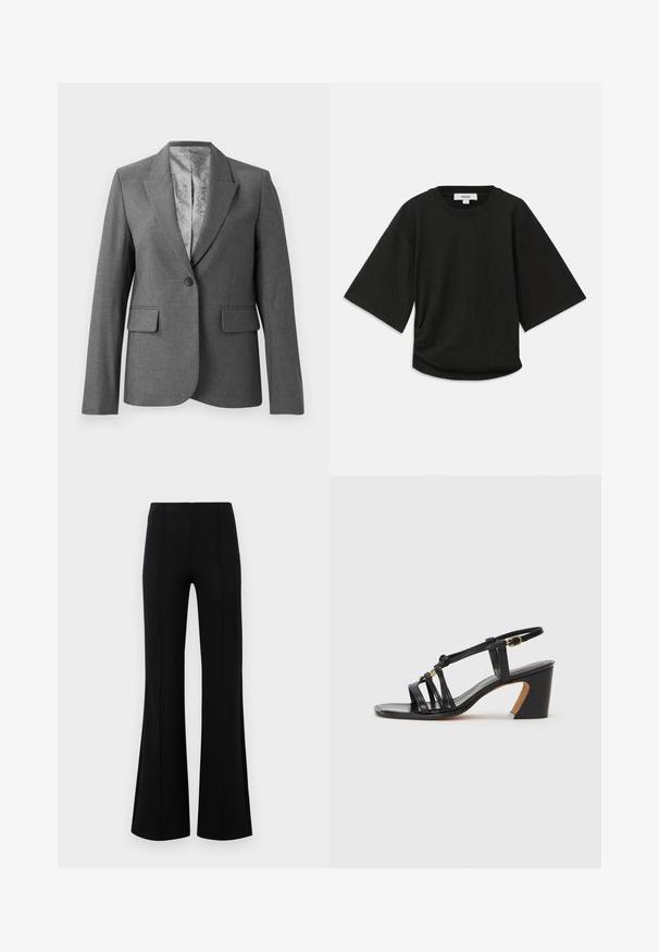 Sivý oblekový blazer s vystrihom na klopu, jednoznačným zapínaním, dvoma prednými vreckami a hladkým vzorovaným podšívaním. Štandardný strih s dlhými rukávmi.; Čierne tričko s krátkym rukávom vyrobené z mäkkej bavlny, s okrúhlym výstrihom a voľným strihom s jemným zberaním na boku.; Čierne rozšírené nohavice s vysokým pásom, vyrobené z elastického materiálu. Obsahujú vertikálne švy na prednej strane a hladkú textúru.; Paul Smith AMIRA - Klasické lodičky na opätku - black
