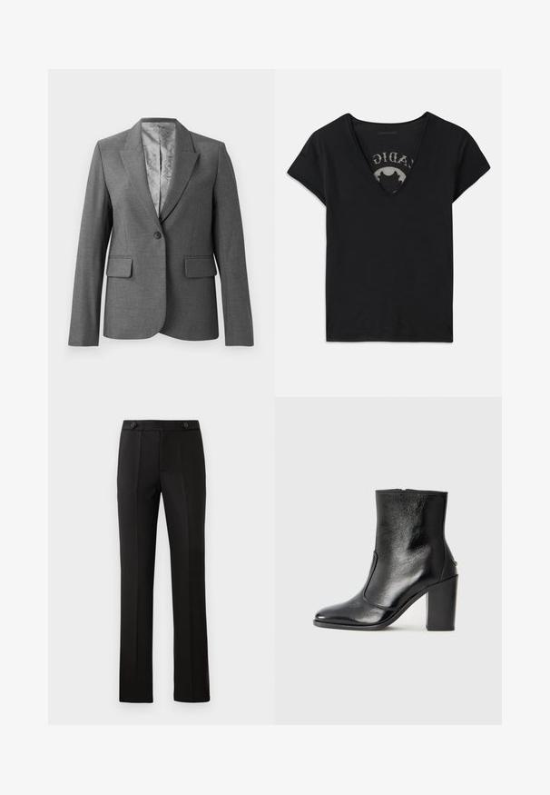 Pelēks pielāgots žakets ar izgrieztiem lapelēm, vienu pogu aizdari, divām priekšējām kabatām un gludu rakstainu oderi. Standarta izgriezums ar garām piedurknēm.; Melnas īsām piedurknēm T-krekls ar dziļo V-veida kakla izgriezumu, ar sēklu paneļa un drukātu dizainu uz iekšējās kārtas. Mīksta, elpojoša auduma.; Melnas pielāgotas bikses ar taisnu kāju, divām priekšējām kabatām, pogu aizdari un liekumu detaļām priekšpusē. Gluda auduma tekstūra.; Melnas ādas potīšu zābaki ar gludu tekstūru, smailu purngalu un masīlu augstu papēdi. Iekļauts sānu atvērums un minimālistisks dizains.