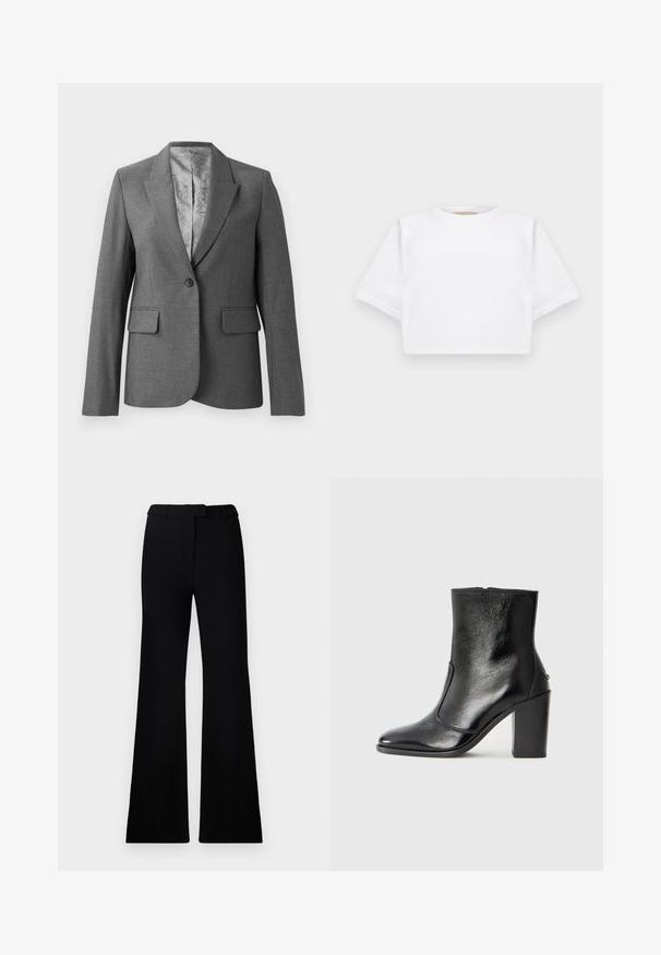 Szürke szabott blazer, élénk hajtókával, egygombos záródással, két elülső zsebbel és sima mintázatú béléssel. Szabványos fazon, hosszú ujjakkal.; Rövid ujjú, puha anyagból készült, vágott fehér póló, kör alakú nyakkivágással és bordázott alsó résszel. Egyszerű és díszítetlen kialakítás.; Fekete, harangszárú nadrág sima textúrával, precíziós derékrésszel és elülső zsebekkel, amely egy sima, modern sziluettet tervez.; Fekete bőr bokacipő sima textúrával, hegyes orral és vastag, magas sarkával. Oldalnyílással és minimalista dizájnnal rendelkezik.