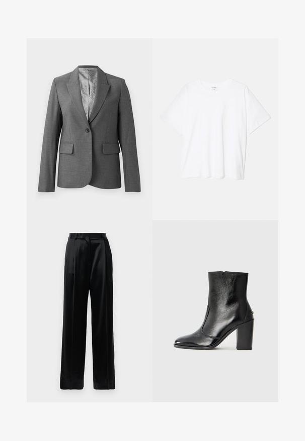 Sivi krojeni sako s reverima, zatvaranjem na jedan gumb, dva prednja džepa i glatkom podstavom s uzorkom. Standardni kroj s dugim rukavima.; Bijela pamučna majica s kratkim rukavima, okruglim izrezom, opuštenim krojem i šivenim rubom. Etiketa je vidljiva na unutarnjoj strani vrata.; Crne satenske hlače visokog struka s ravnim širokim nogavicama, petljama za remen i ravnim prednjim zatvorenjem na jednostavnoj bijeloj pozadini.; Crna kožna čizma do gležnjeva s glatkom teksturom, špicastim vrhom i debelim visokim potpeticama. Ima bočni otvor i minimalistički dizajn.