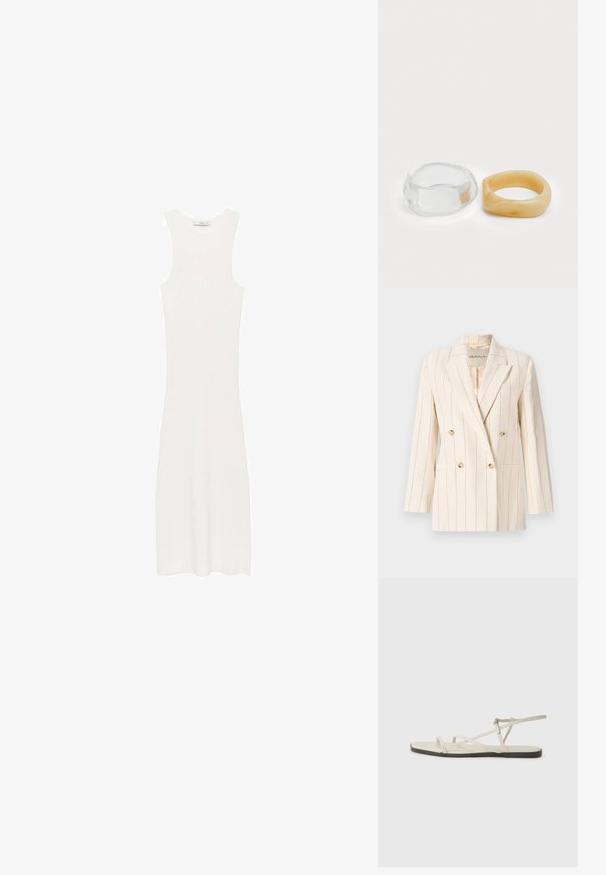 Sacou dublu în față din țesătură crem cu dungi verticale albastre. Include două buzunare frontale, nasturi de ton auriu și rever cu tăietură.; Rochie albă, fără mâneci, din tricot cu model în relief, cu o siluetă ajustată, care ajunge sub genunchi. Design simplu și minimalist, fără modele sau accesorii.; Sandalie plate bej cu multiple bretele subțiri și o cataramă ajustabilă. Talpa este plată, cu un ușor contrast întunecat la margine.; Inele din rășină clară și chihlimbar, unul neted și transparent, iar celălalt cu o finisare texturată, de chihlimbar. Ambele au un design rotund și suculent.