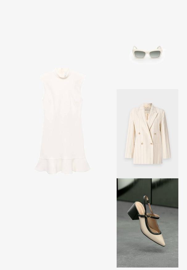 Dwurzędowa marynarka w kremowym materiale z pionowymi niebieskimi paskami. Posiada dwie przednie kieszenie, guziki w kolorze złotym oraz klapę z wycięciem.; Biała sukienka bez rękawów z wysokim dekoltem, z rozkloszowanym dołem i gładką fakturą. Prosty fason bez wzorów i widocznych elementów metalowych.; Beżowe buty typu slingback z ostrym noskiem, czarnym wykończeniem, złotą klamrą i grubym obcasem na szarym podłożu z ciemnozielonym tłem.; Okulary przeciwsłoneczne w kocim kształcie, z białą plastikową oprawką, szarymi gradientowymi soczewkami i cienkimi zausznikami z delikatnym detalem brandingowym.; Jasnoszara skórzana torba o kształcie litery U z zakrzywionym metalowym uchwytem. Gładka tekstura z minimalnymi szwami i bez widocznych wzorów.