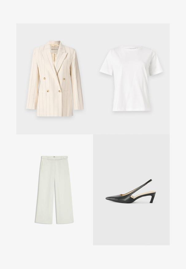 Doppelt geknöpfter Blazer aus cremefarbenem Stoff mit vertikalen blauen Streifen. Verfügt über zwei Fronttaschen, goldfarbene Knöpfe und einen Reverskragen.; Weißes Baumwoll-T-Shirt mit kurzen Ärmeln, Rundhalsausschnitt und lockerer Passform. Glatte Textur, keine Muster oder Akzente, minimalistisches Design.; Weite Hose aus zartem Creme-Stoff, mit seitlichen Taschen, flatem Bund und einer Knopfverschluss an der Taille. Glatte Textur.; Schwarzer spitz zulaufender Slingback-Schuh mit niedrigem Absatz, der aus glattem Leder gefertigt ist und seitliche Ausschnitte für Atmungsaktivität aufweist.