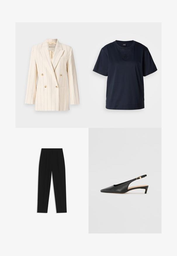 Kaksirivinen bleiseri kermanvärisestä kankaasta, jossa on pystysuorat siniset raidat. Ominaisuuksiin kuuluu kaksi etutaskua, kultasävytetyt napit ja teräväkauluksinen malli.; T-paita tummansinisestä pehmeästä puuvillasta, lyhyet hihat. Pyöristetty pääntie ja hillitty brodeerattu logo rinnassa.; Mustat housut suoran istuvuuden kanssa, joissa on kaksinkertaiset laskokset, sileä pinta ja klassinen vyötärönauhan muotoilu. Ei näkyviä metalliosia tai koristeita.; Musta nahkainen slingback-korkokenkä, jossa on terävä nenä, matala korko ja säädettävä nilkkarengas, jossa on kultasävyinen solki. Suora pinta.