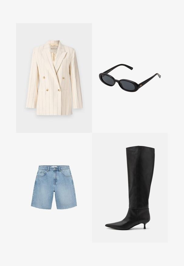 Blazer doppiopetto in tessuto crema con strisce verticali blu. Presenta due tasche frontali, bottoni dorati e un colletto a punta.; Canotta bianca a costine con un logo ricamato nero centrato sul petto. Il colletto e le aperture delle braccia sono rifiniti con un sottile bordino.; Shorts in denim azzurro chiaro con vita alta, due tasche anteriori e orlo sfrangiato. Presentano un design classico con minime componenti hardware.; Stivali neri in pelle al ginocchio con punta affusolata e tacco kitten. Texture liscia e design minimalista senza hardware o accenti visibili.; Occhiali da sole neri oversize con lenti ovali, montatura in plastica liscia e accenti dorati sulle tempie. Le lenti scure offrono protezione dal sole.
